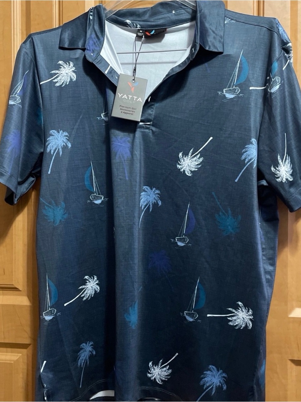 Men’s Yatta Navy Palm & Sail Print Polo Shirt Size Medium